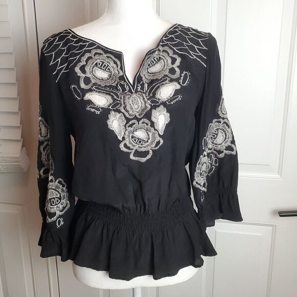 Vintage Cache Blouse Womens Small Silk Black Silver Embroidery Peplum 3/4 Sleeve - Picture 11 of 15